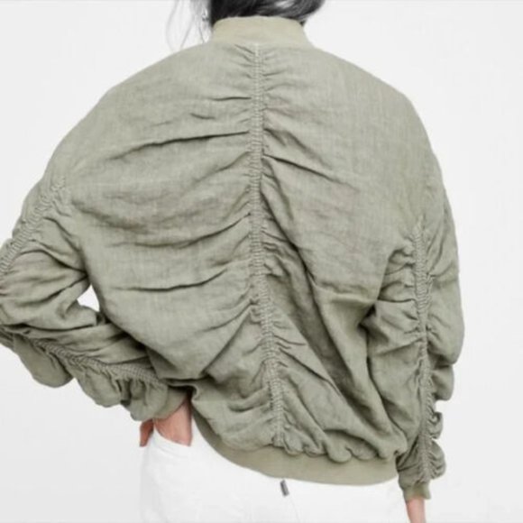Free People Bomber Jacket Womens Size XS Linen Olive Green Ruched Oversized - Picture 4 of 11
